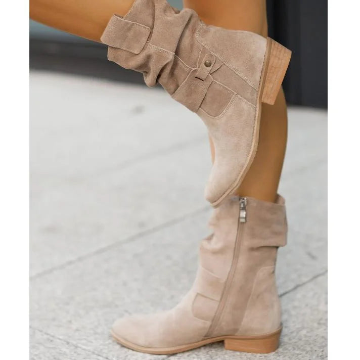 Women's Slouchy Suede Ankle Boots – Zipper Closure And Buckle-Strap