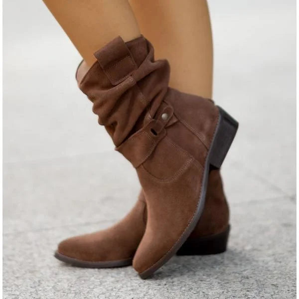Women's Slouchy Suede Ankle Boots – Zipper Closure And Buckle-Strap