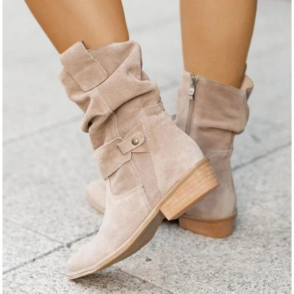 Women's Slouchy Suede Ankle Boots – Zipper Closure And Buckle-Strap