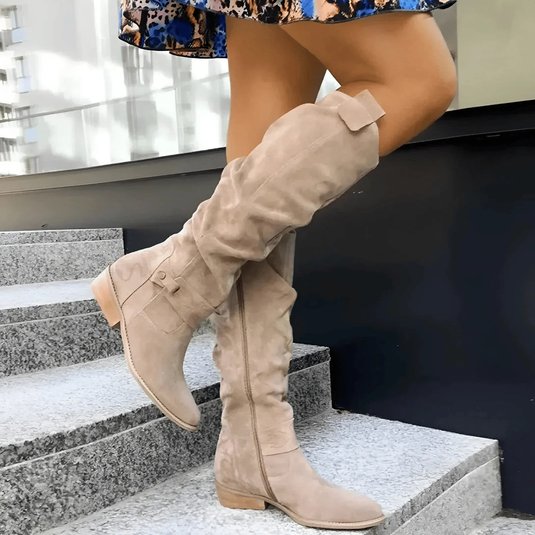 Women's Slouchy Suede Knee-High Boots – Side Zipper And Buckle