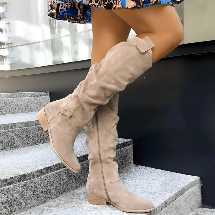 Women's Slouchy Suede Knee-High Boots – Side Zipper And Buckle
