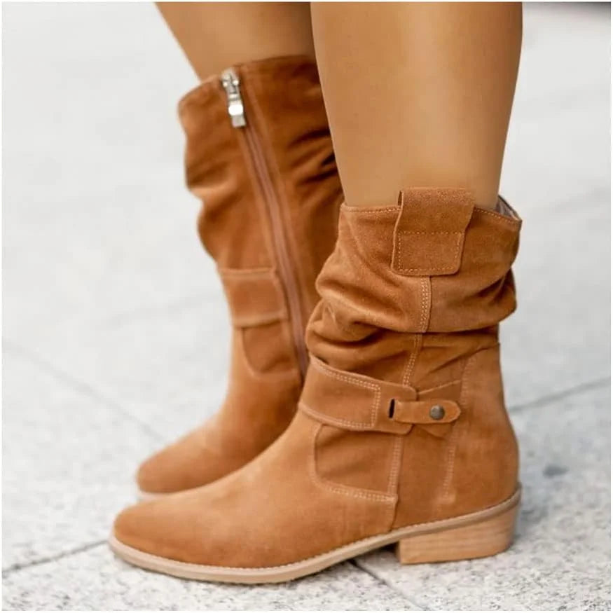 Women's Slouchy Suede Knee-High Boots – Side Zipper And Buckle