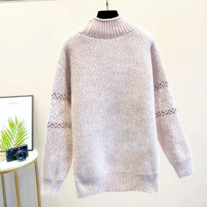 Women's Snowflake Relaxed Fit Knit Sweater – Ribbed Mock Neck