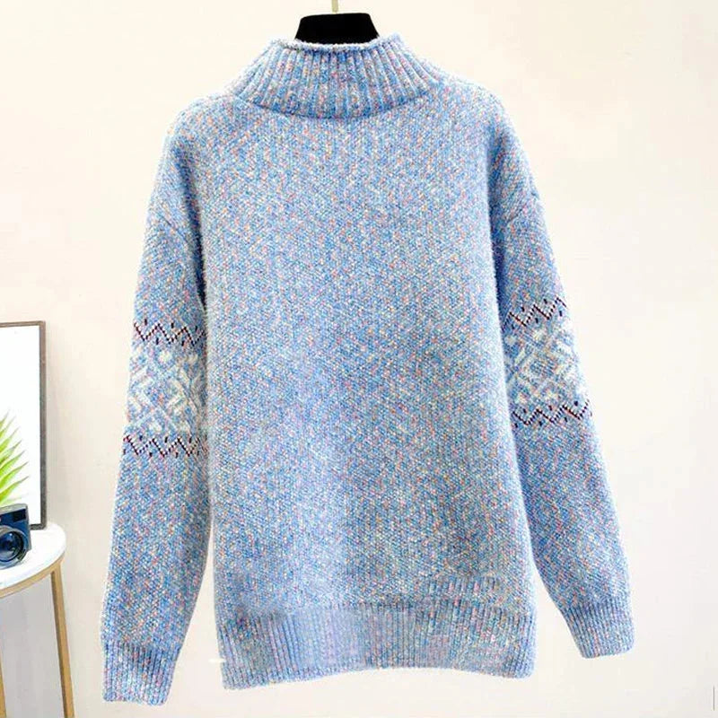 Women's Snowflake Relaxed Fit Knit Sweater – Ribbed Mock Neck
