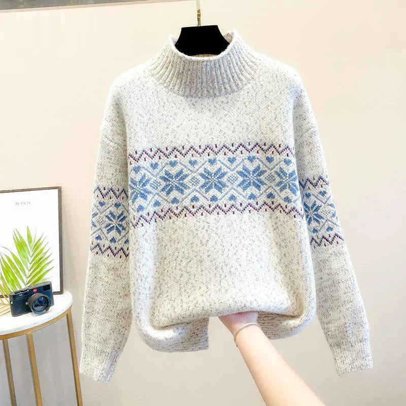 Women's Snowflake Relaxed Fit Knit Sweater – Ribbed Mock Neck
