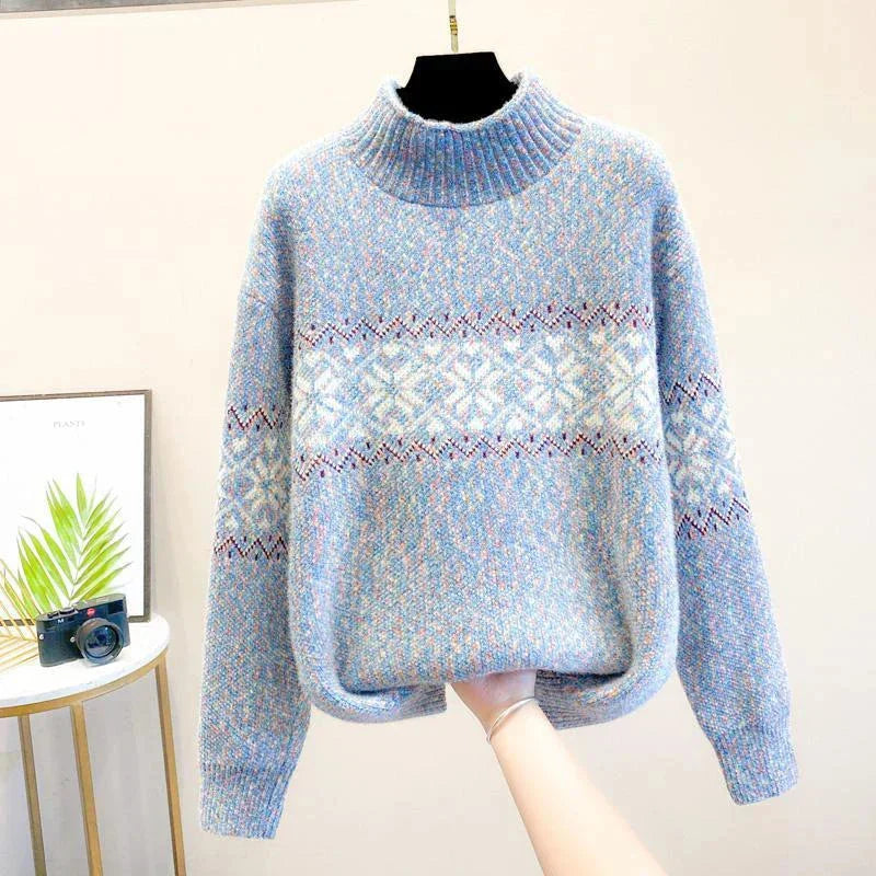 Women's Snowflake Relaxed Fit Knit Sweater – Ribbed Mock Neck