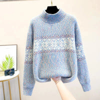 Women's Snowflake Relaxed Fit Knit Sweater – Ribbed Mock Neck