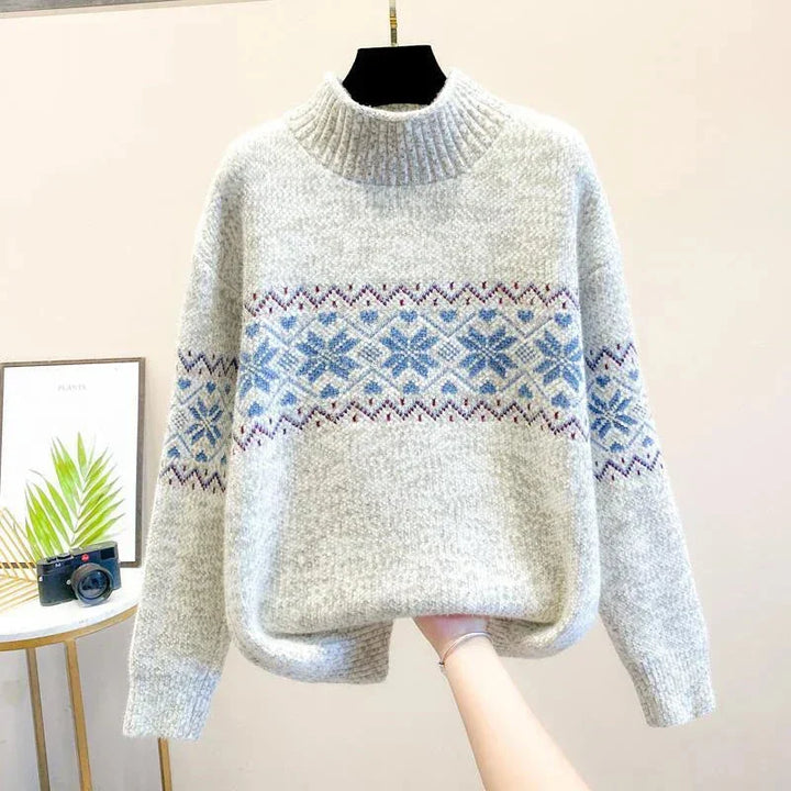 Women's Snowflake Relaxed Fit Knit Sweater – Ribbed Mock Neck