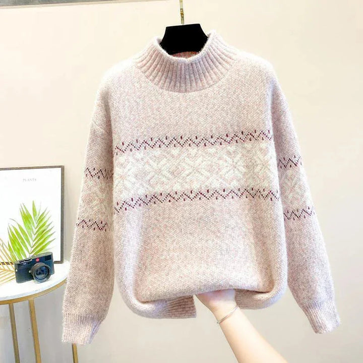 Women's Snowflake Relaxed Fit Knit Sweater – Ribbed Mock Neck
