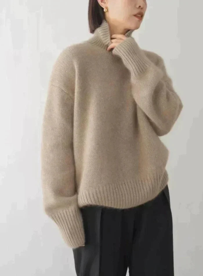 Women's Soft Cream Turtleneck Knit Sweater – Ribbed Cuffs And Relaxed Fit