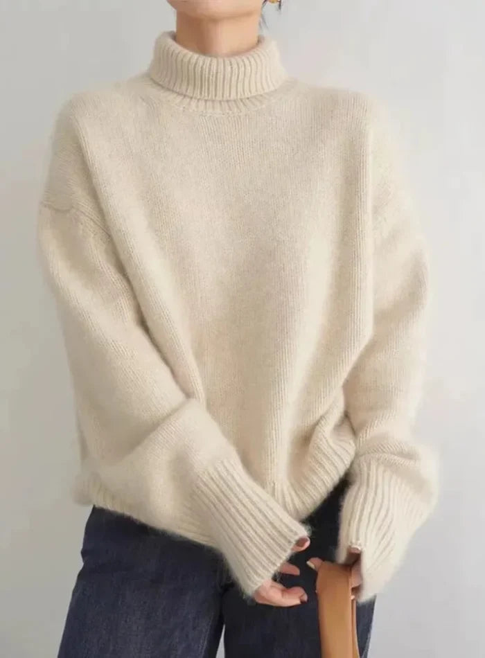 Women's Soft Cream Turtleneck Knit Sweater – Ribbed Cuffs And Relaxed Fit