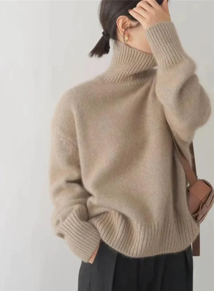 Women's Soft Cream Turtleneck Knit Sweater – Ribbed Cuffs And Relaxed Fit
