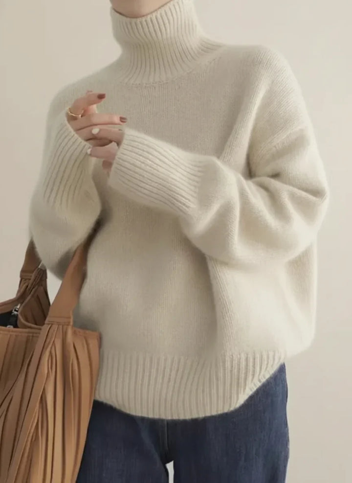 Women's Soft Cream Turtleneck Knit Sweater – Ribbed Cuffs And Relaxed Fit