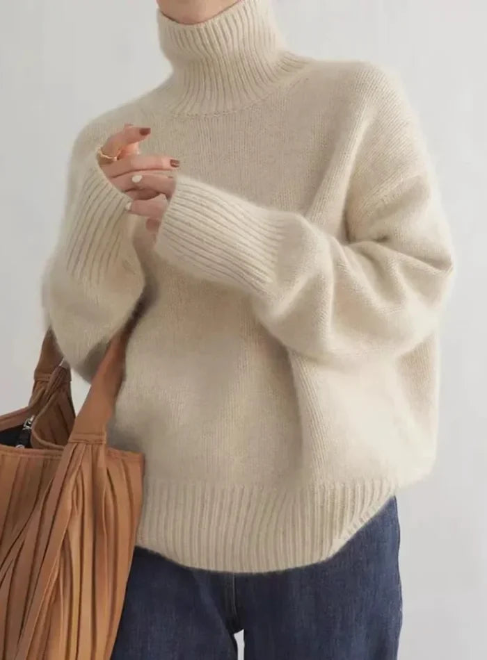 Women's Soft Cream Turtleneck Knit Sweater – Ribbed Cuffs And Relaxed Fit