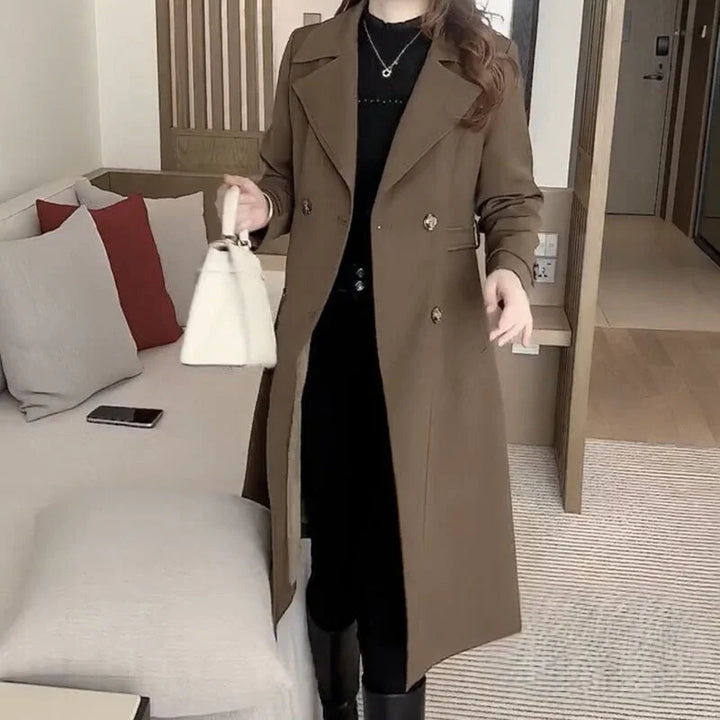 Women's Solid Midi Coat – Double-Breasted Closure