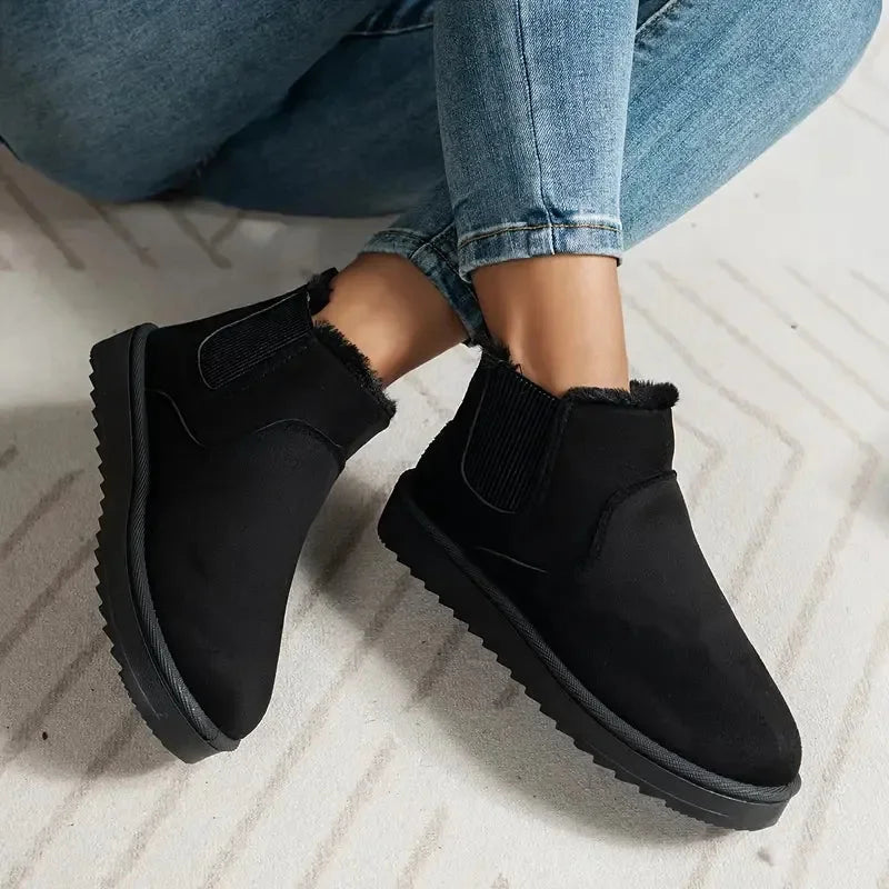 Women's Solid Short Faux-Suede Boots – Faux-Fur Lining And Elastic Sides