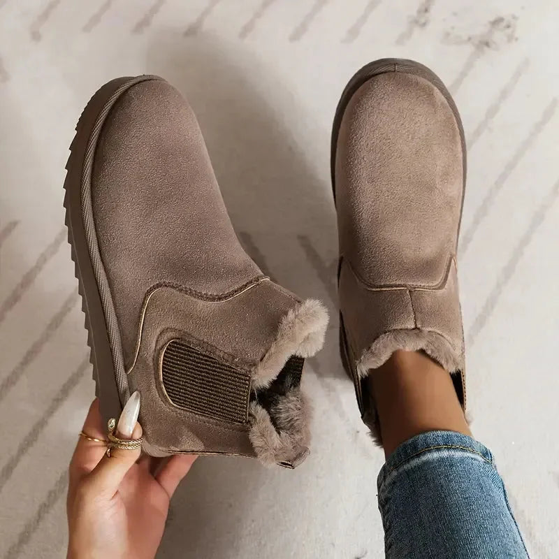 Women's Solid Short Faux-Suede Boots – Faux-Fur Lining And Elastic Sides