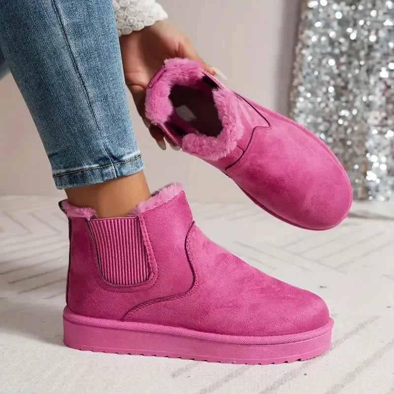 Women's Solid Short Faux-Suede Boots – Faux-Fur Lining And Elastic Sides