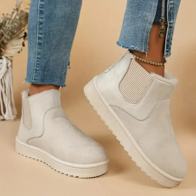 Women's Solid Short Faux-Suede Boots – Faux-Fur Lining And Elastic Sides