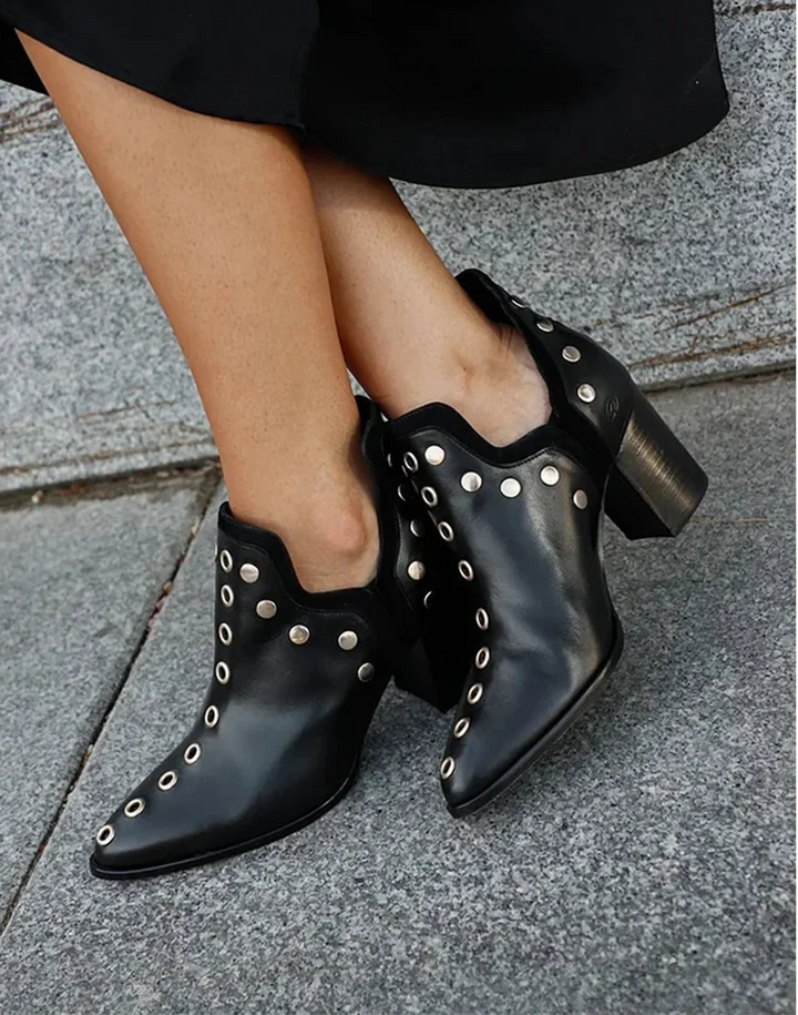 Women's Studded Leather Pointed-Toe Ankle Boots – Wide-Heel And Scalloped-Ankle