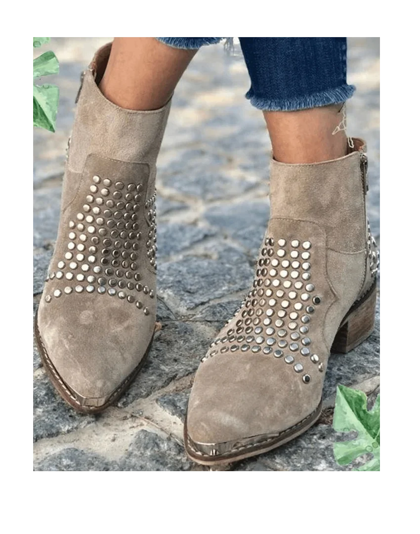 Women's Studded Suede Western Ankle Boots – Side-Zip Pointed-Toe Block-Heel