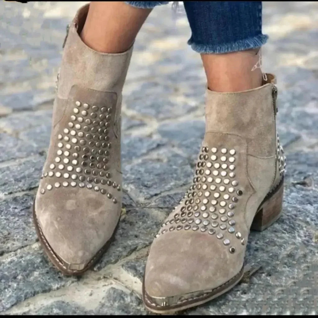 Women's Studded Suede Western Ankle Boots – Side-Zip Pointed-Toe Block-Heel