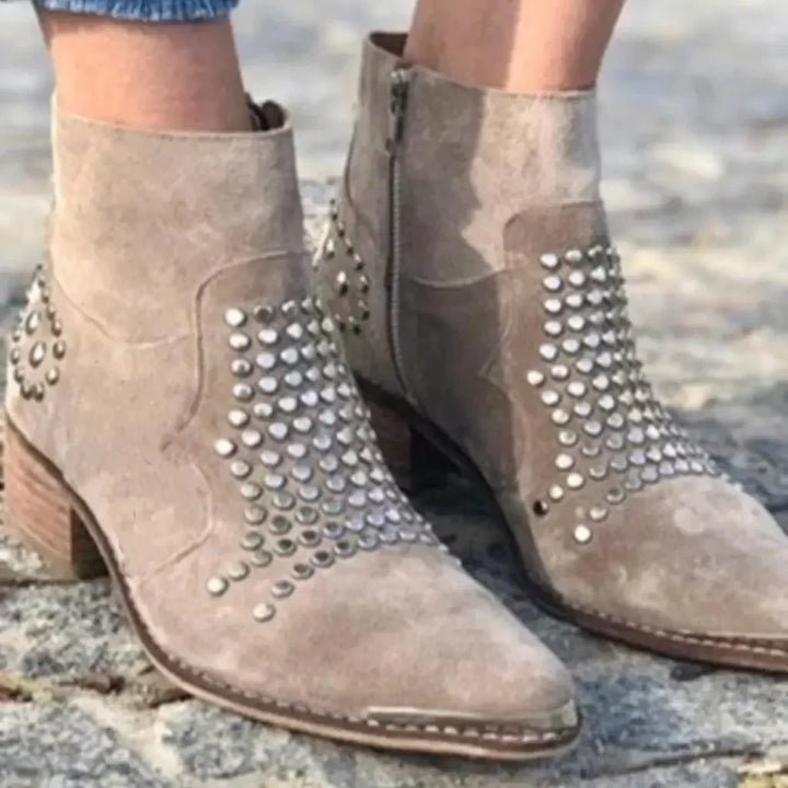 Women's Studded Suede Western Ankle Boots – Side-Zip Pointed-Toe Block-Heel