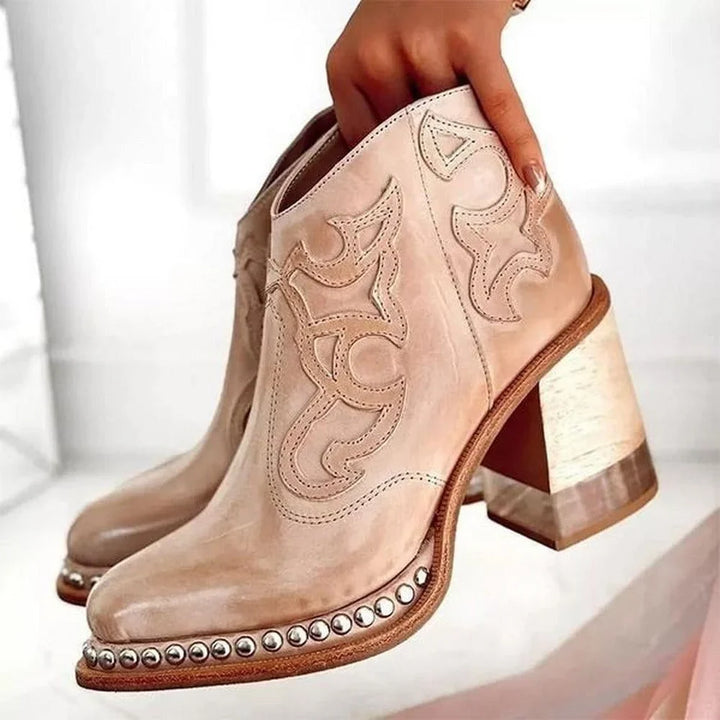 Women's Studded Western Embroidered Mule Boots – Chunky Block Heel