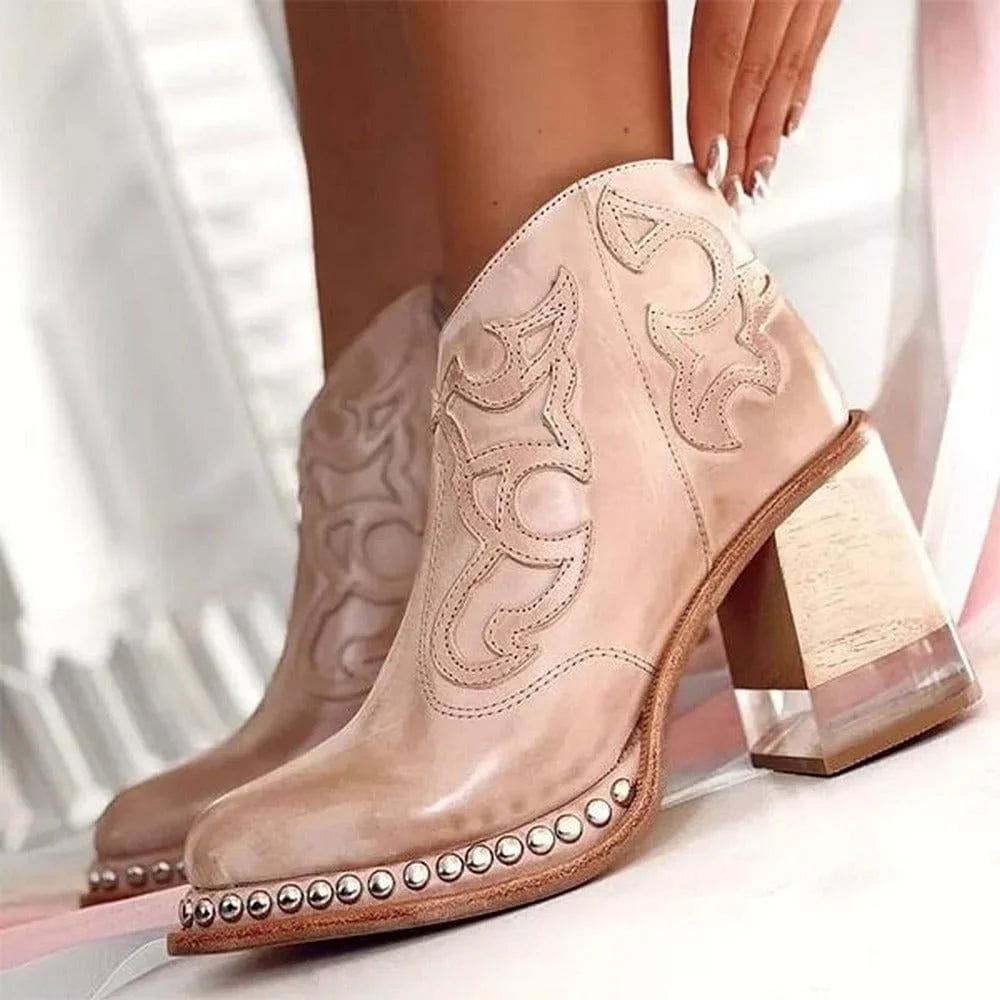 Women's Studded Western Embroidered Mule Boots – Chunky Block Heel