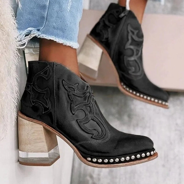 Women's Studded Western Embroidered Mule Boots – Chunky Block Heel