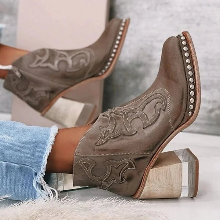 Women's Studded Western Embroidered Mule Boots – Chunky Block Heel