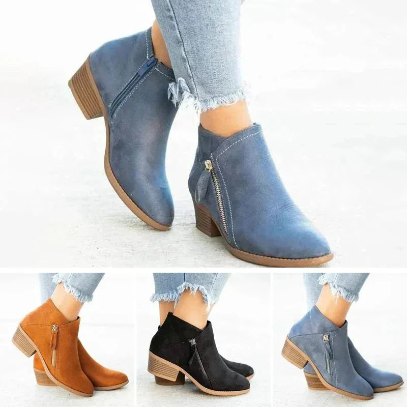 Women's Suede Ankle Boots – Side-Zip Low-Heel Design