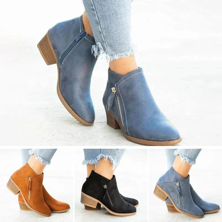 Women's Suede Ankle Boots – Side-Zip Low-Heel Design