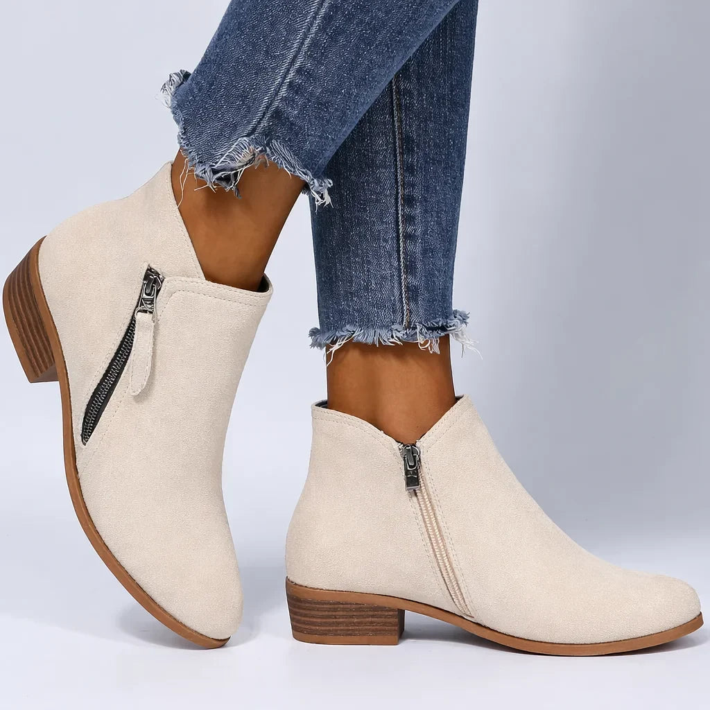 Women's Suede Ankle Boots – Side-Zip Low-Heel Design