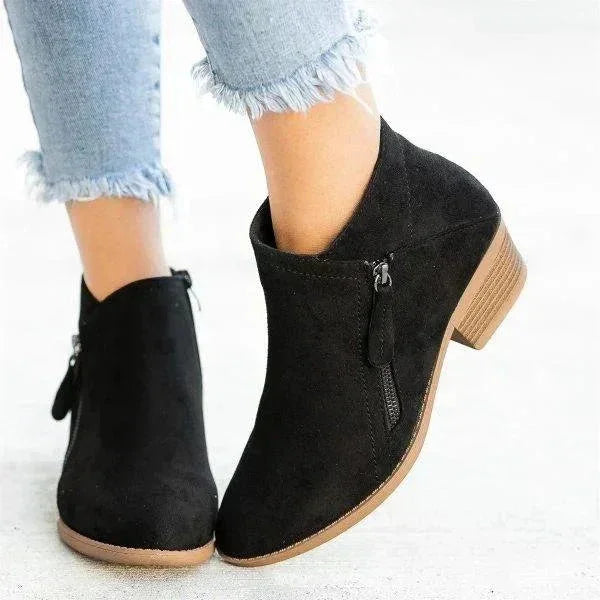 Women's Suede Ankle Boots – Side-Zip Low-Heel Design