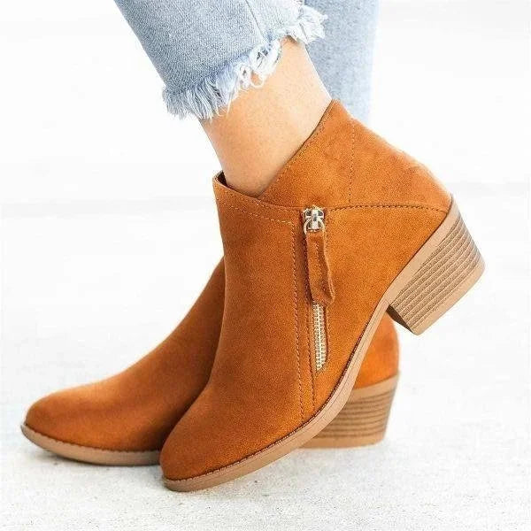 Women's Suede Ankle Boots – Side-Zip Low-Heel Design