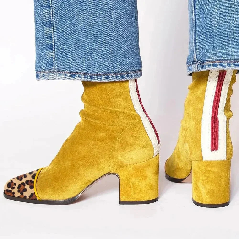 Women's Suede Ankle Square-Toe Block-Heel Boots – Back-Zipper