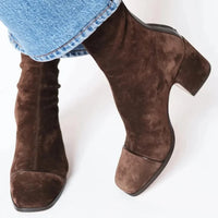 Women's Suede Ankle Square-Toe Block-Heel Boots – Back-Zipper