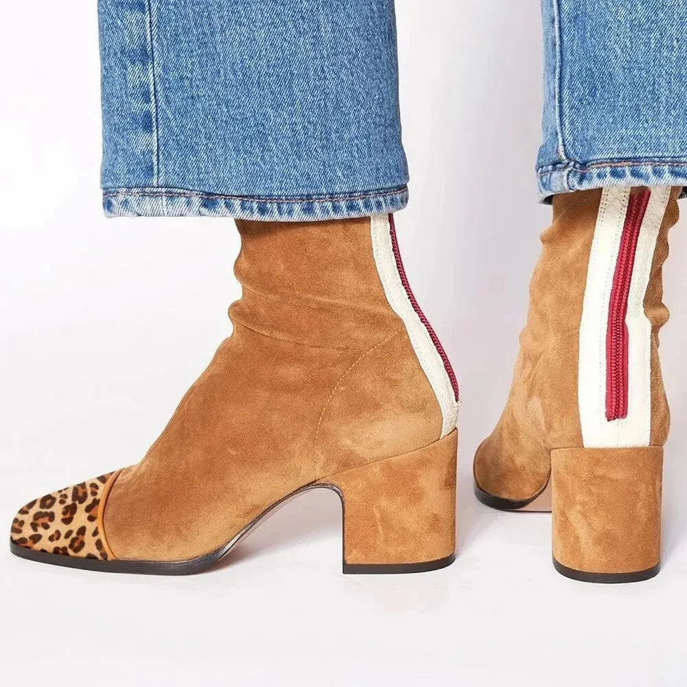 Women's Suede Ankle Square-Toe Block-Heel Boots – Back-Zipper