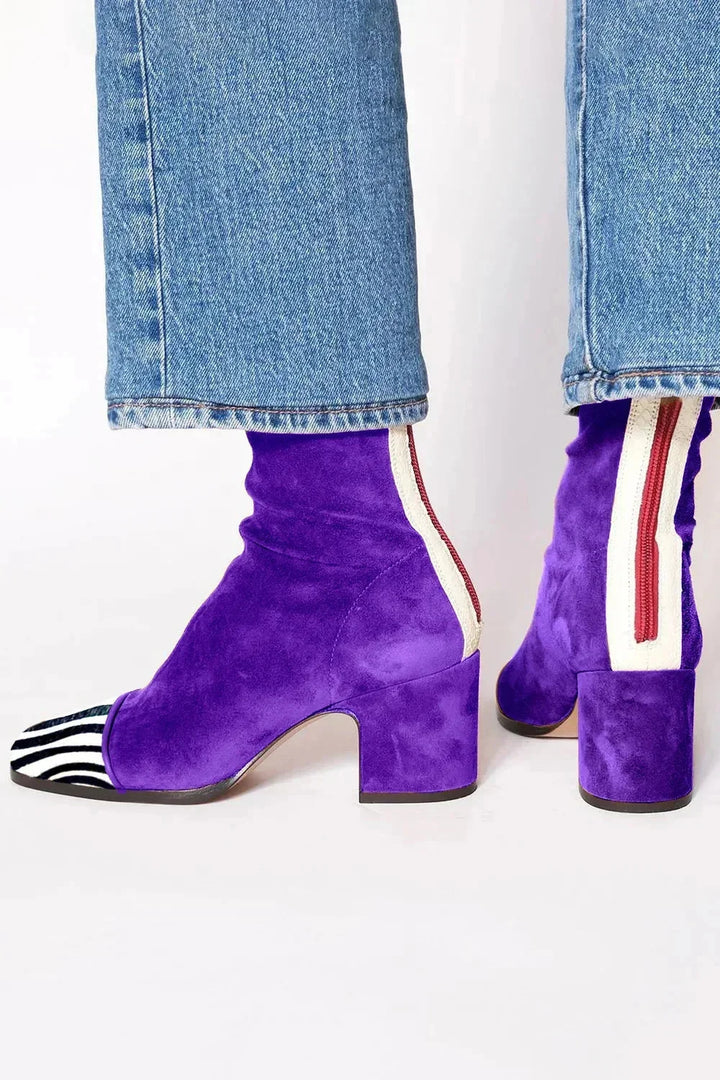 Women's Suede Ankle Square-Toe Block-Heel Boots – Back-Zipper