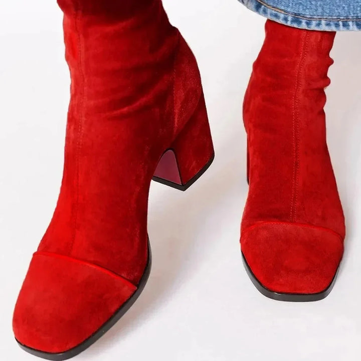 Women's Suede Ankle Square-Toe Block-Heel Boots – Back-Zipper