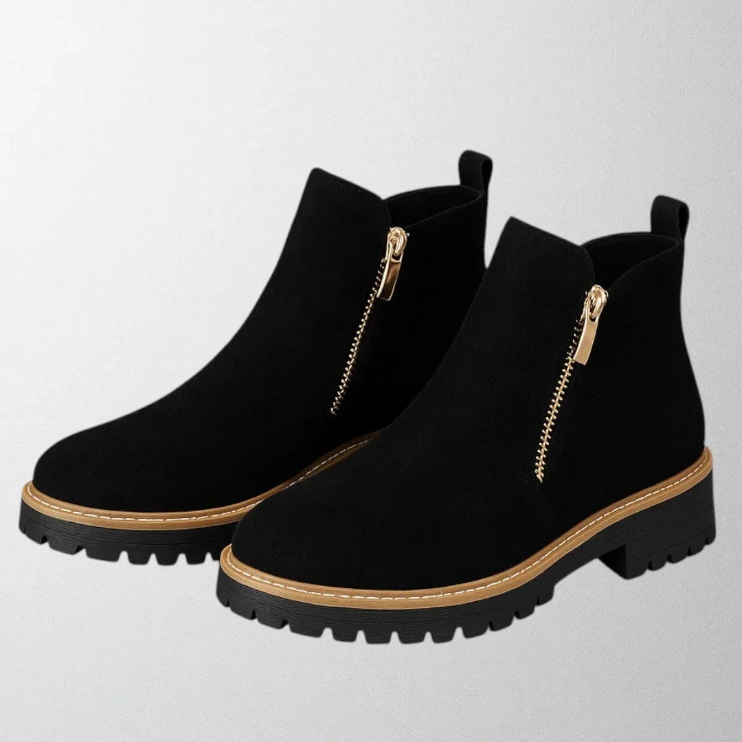 Women's Suede Chunky-Sole Ankle Boot – Round Toe And Gold-Tone Side Zip