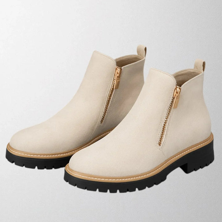 Women's Suede Chunky-Sole Ankle Boot – Round Toe And Gold-Tone Side Zip