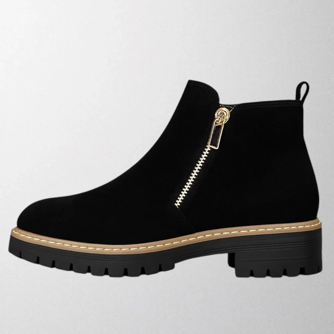 Women's Suede Chunky-Sole Ankle Boot – Round Toe And Gold-Tone Side Zip