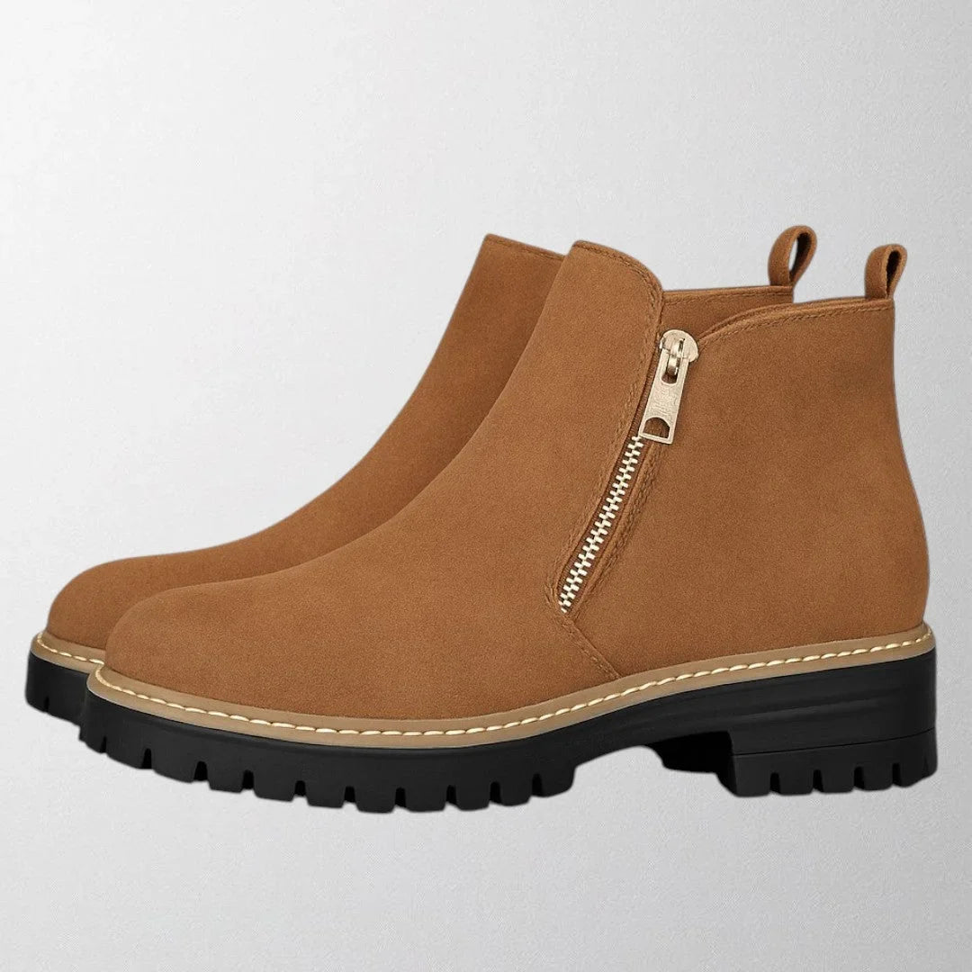 Women's Suede Chunky-Sole Ankle Boot – Round Toe And Gold-Tone Side Zip