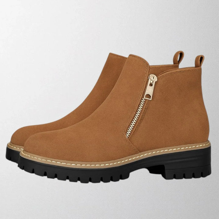 Women's Suede Chunky-Sole Ankle Boot – Round Toe And Gold-Tone Side Zip