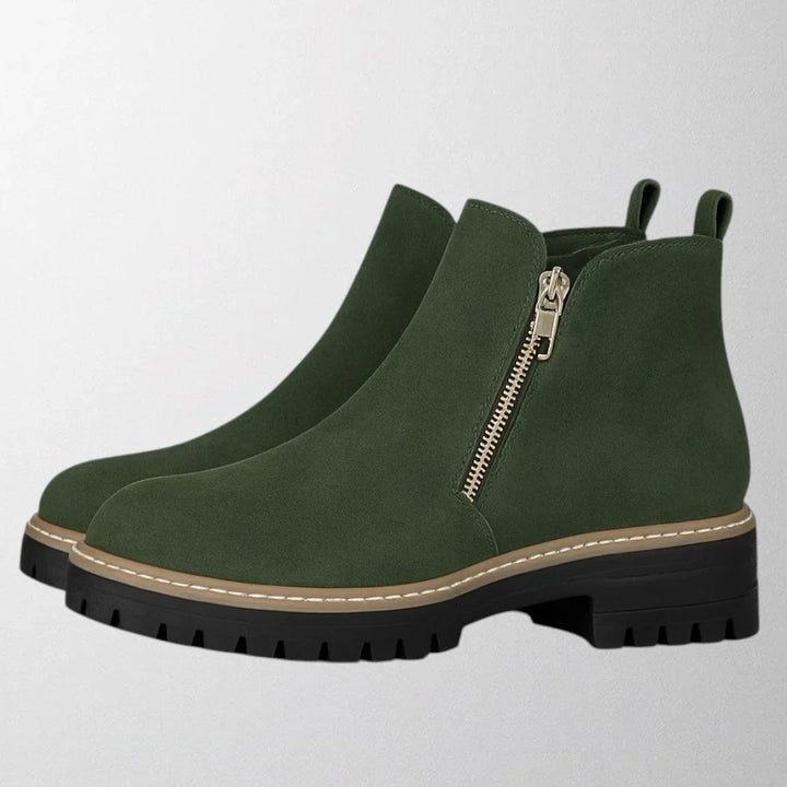Women's Suede Chunky-Sole Ankle Boot – Round Toe And Gold-Tone Side Zip