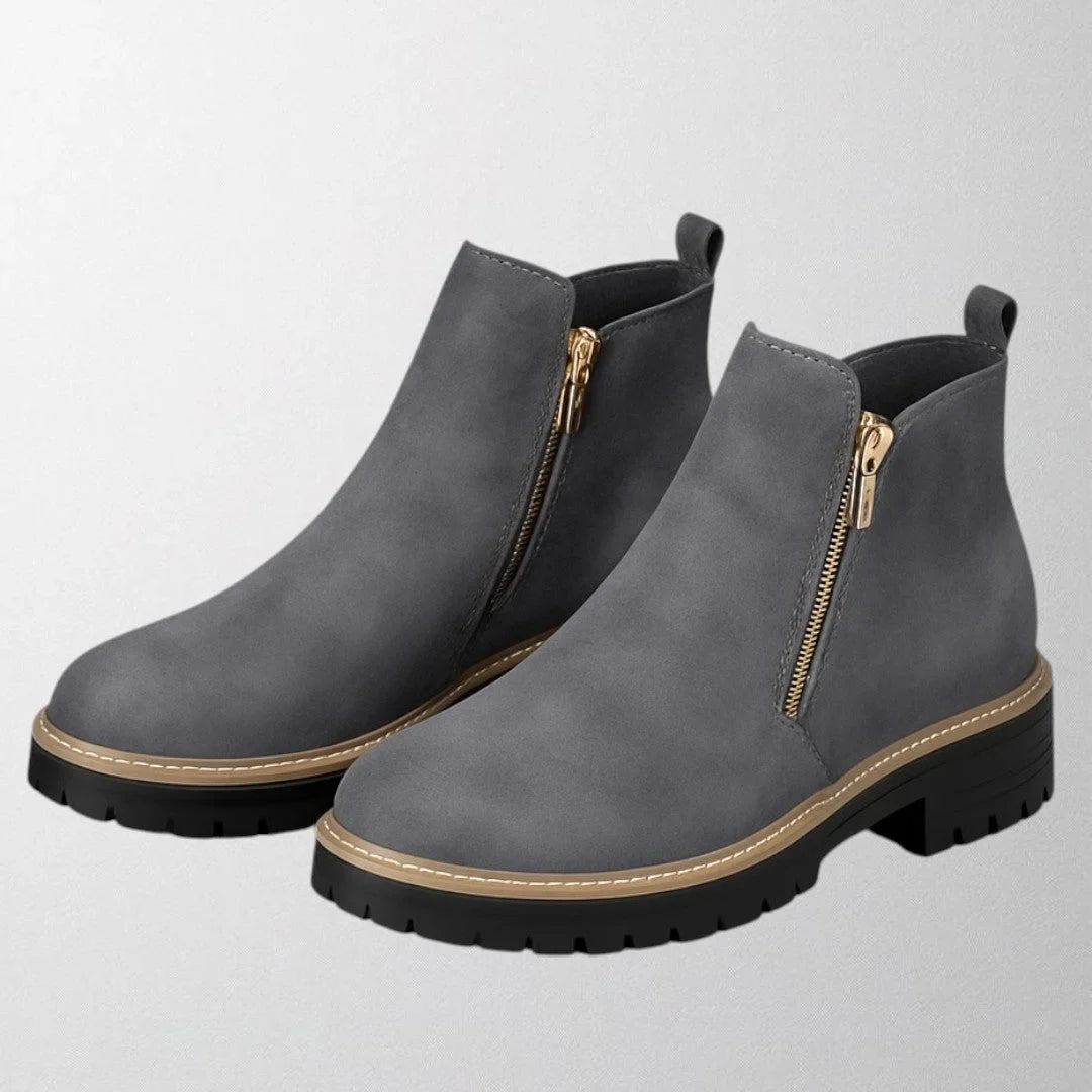 Women's Suede Chunky-Sole Ankle Boot – Round Toe And Gold-Tone Side Zip