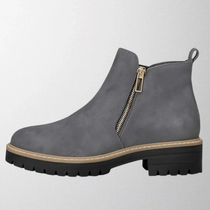 Women's Suede Chunky-Sole Ankle Boot – Round Toe And Gold-Tone Side Zip