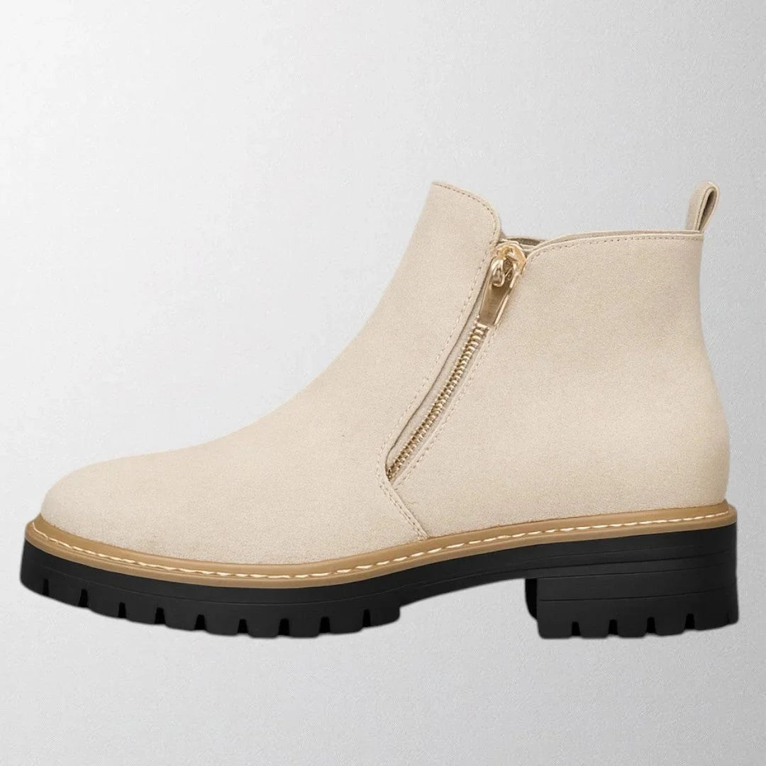 Women's Suede Chunky-Sole Ankle Boot – Round Toe And Gold-Tone Side Zip